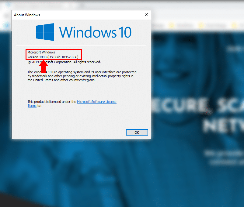 Windows 10 Version Number Dialog Box